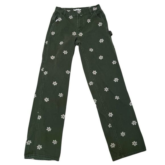 Pacsun Olive Green Flower Baggy Carpenter Denim Jeans - Picture 1 of 10